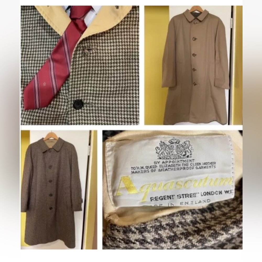 RARE Vintage Aquascutum Balmacaan Men’s Coat Sz 42 Reversible Tweed Wool Khaki
